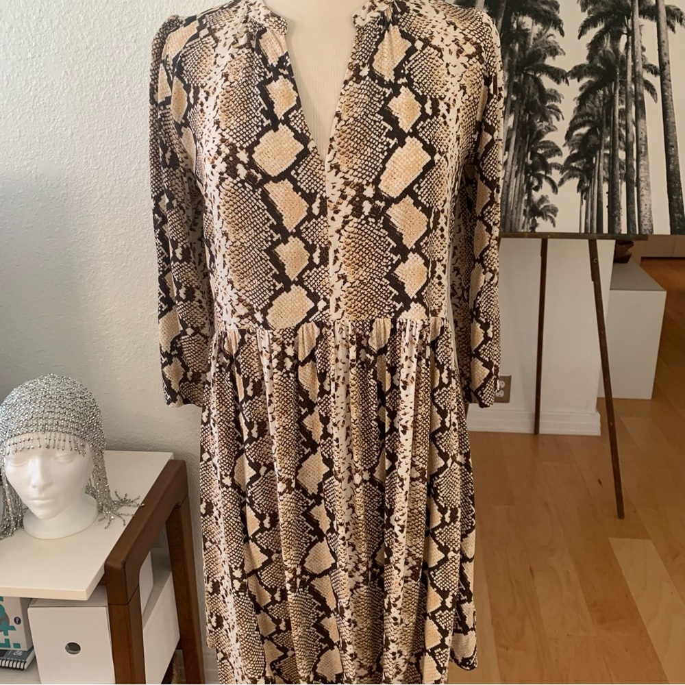 MAEVE (Anthropologie) Snakeskin print dress with spliced v-neck and 3/4 sleeves